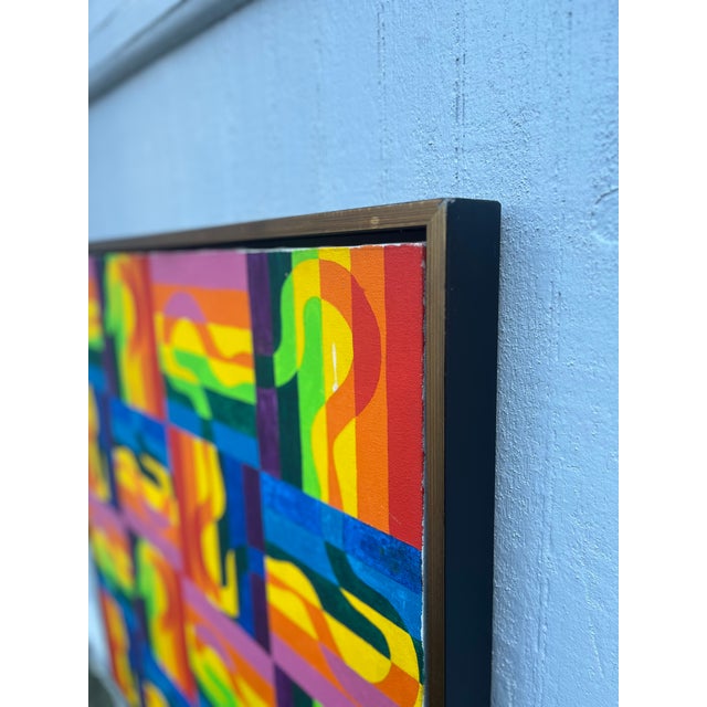 Striking period Op Art painting with nice coloration. Composition includes a repeated motifs and a lovely line meandering...