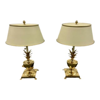 Late 20th Century Pair of Vintage Hollywood Regency Solid Brass Pineapple Table Lamps For Sale