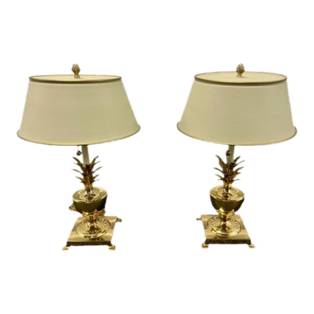 Late 20th Century Pair of Vintage Hollywood Regency Solid Brass Pineapple Table Lamps For Sale
