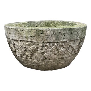 Vintage Stone Cement Carved Rustic Planter Bowl For Sale
