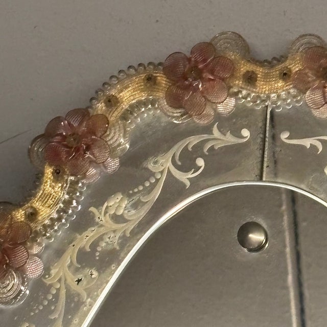 Mid-Century Modern Oval Murano Glass Mirror with Pink Flowers, 1950s For Sale - Image 3 of 11