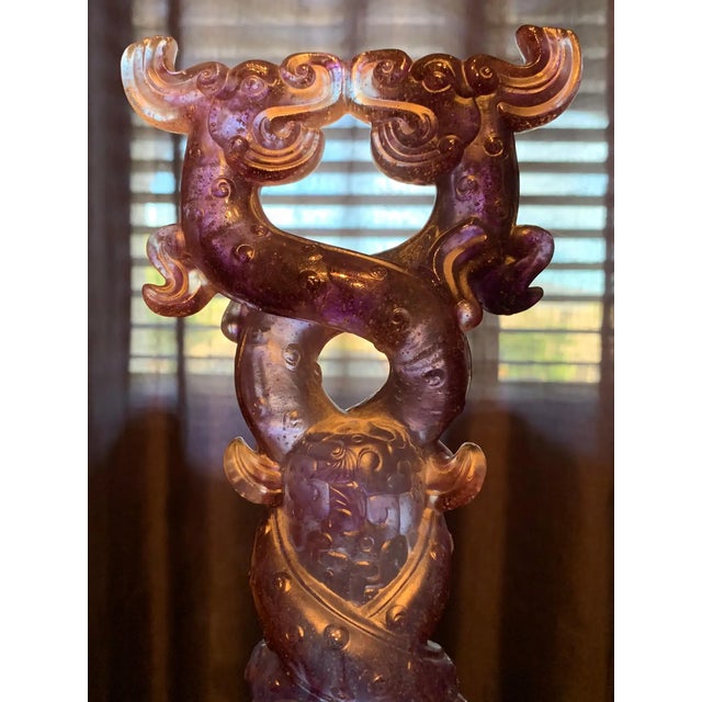 Liuli Fine Art Chinese Glass Sculpture “Holding Up Heaven” Blue and Purple For Sale - Image 11 of 13