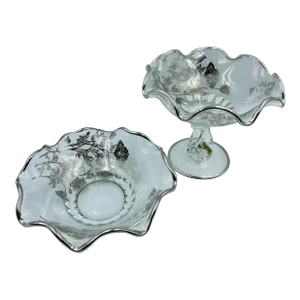Mid 20th Century Silver City Glass Co. “Flanders Clear” Crumple Glass Compote & Corresponding Bowl Set - 2 Pieces