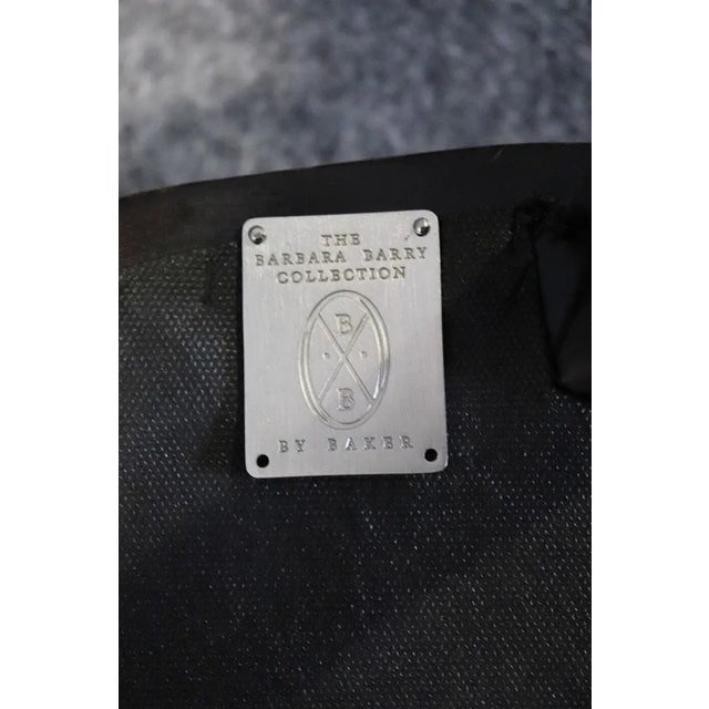 Contemporary Pair of Barbara Barry for Baker Round Vanity Stools With Leather Upholstery and Sculpted Wood Bases For Sale - Image 3 of 7