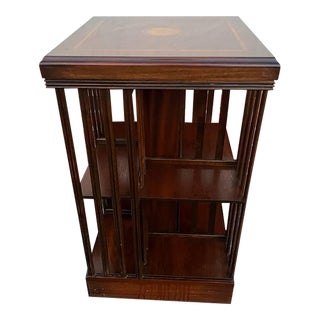 Antique English Sheraton Style Revival Mahogany Inlaid Satinwood Swivel Revolving Bookcase Etagere For Sale