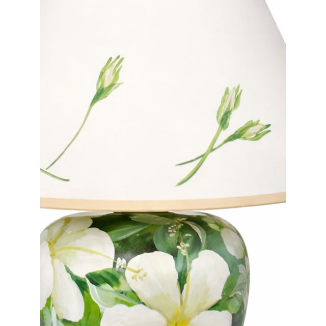 Late 20th Century Vintage Hand-Painted Magnolia Floral Table Lamp With Painted Shade For Sale - Image 5 of 13