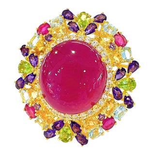 Bochic “Orient” Ruby & Fancy Multi Color Gems Large 18k Gold & Silver Cocktail Ring Size 7 For Sale