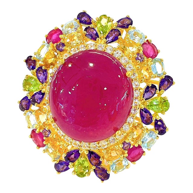 Bochic “Orient” Ruby & Fancy Multi Color Gems Large 18k Gold & Silver Cocktail Ring Size 7 For Sale