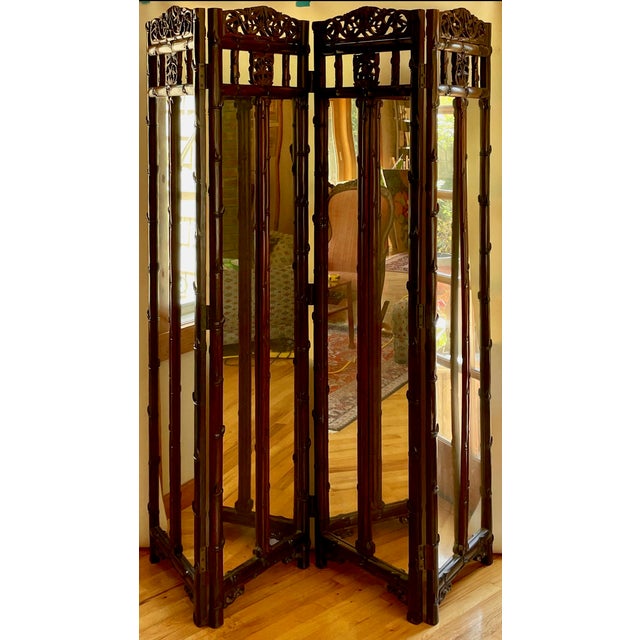 Antique Asian Mirrored Four Panel With Carved Details Folding Screen For Sale In Monterey, CA - Image 6 of 12