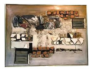 1970s Richard Lee Modern Stone, Wood, Terra Cotta Painted Wall Sculpture