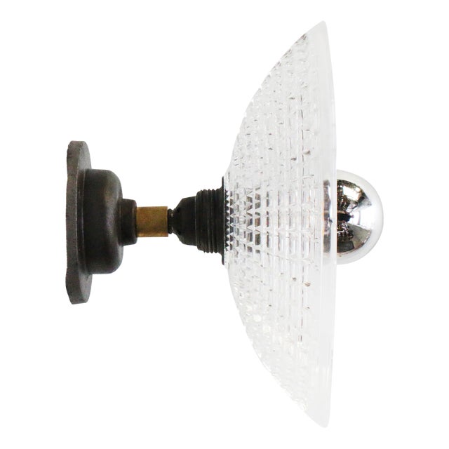 Holophane Glass, Cast Iron, and Brass Wall Lamp For Sale