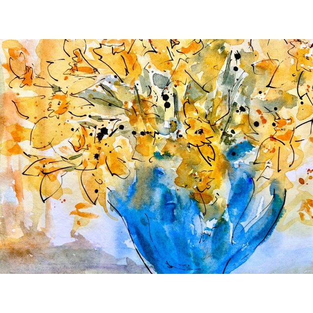 Illustration Original Watercolor Painting of “Daffodils in a Blue Vase” on Handmade Cotton Paper For Sale - Image 3 of 8
