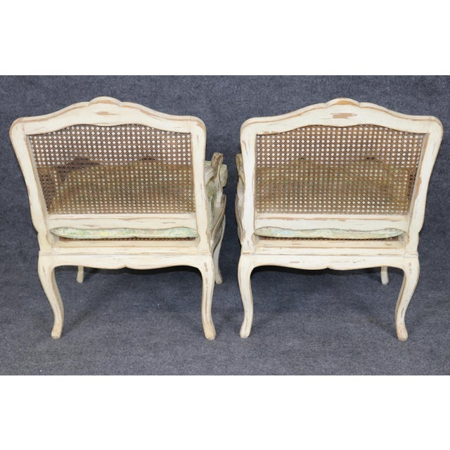 Late 19th Century Pair Louis XV Style French Cream Distressed Painted Cane Back Armchairs For Sale - Image 5 of 16