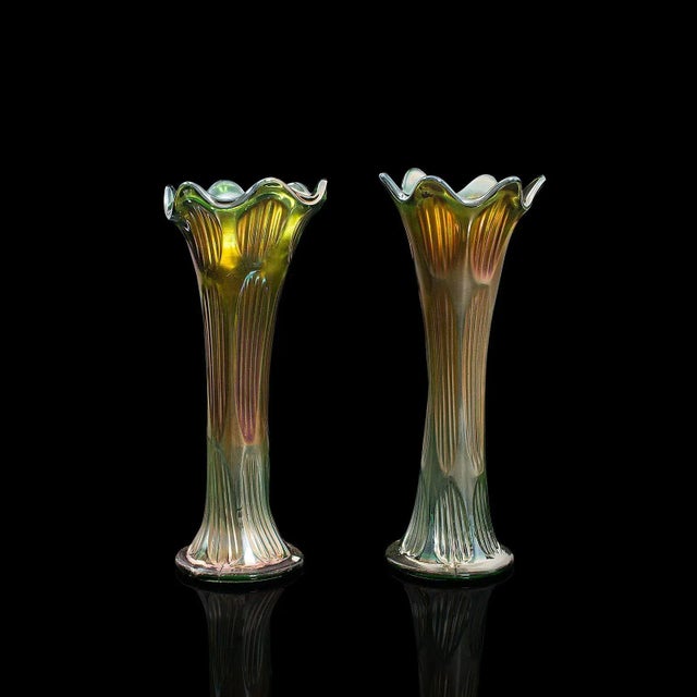 Circa 1930 Vintage English Carnival Glass Decorative Flower Vases - A Pair For Sale - Image 6 of 13