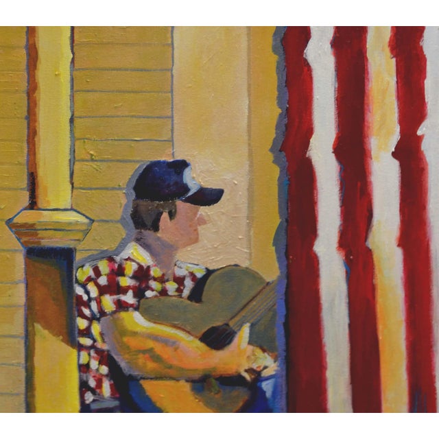 Man and His Guitar - Figurative Impressionist Composition in Oil on Canvas Contemporary oil painting of a man playing his...