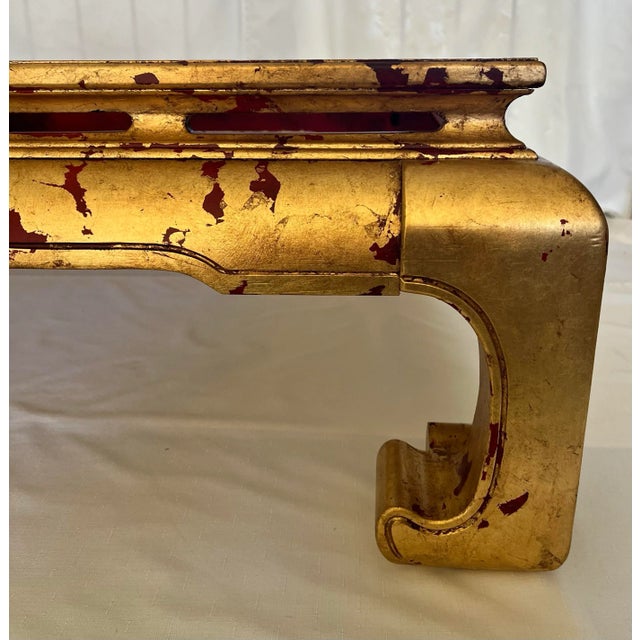 Late 20th Century Vintage Tony Duquette Style Newly Painted Red Distressed Gilded Wood Chow Leg Ming Style Coffee Table For Sale - Image 5 of 12