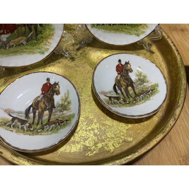 Vintage English Bone China Equestrian Fox Hunt Miniature Tea Set With Florentine Gilt Tray - 6 Pieces For Sale - Image 4 of 7