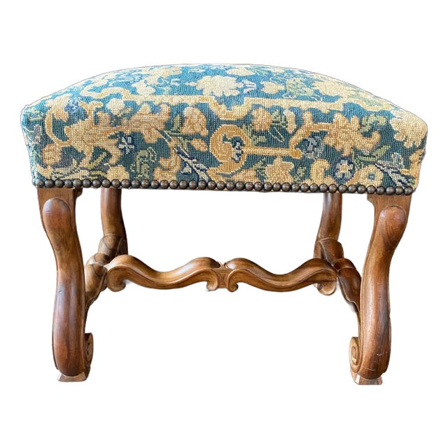 French Louis XIV Carved Walnut Bench Ottoman With Gorgeous Tapestry Upholstery For Sale