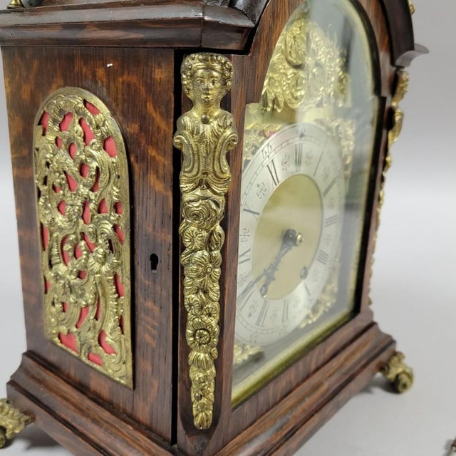 Late 19th Century Antique French Tiger Oak Bracket Mantel Clock With Ormolu Caryatids & Pineapple Finials For Sale - Image 5 of 13