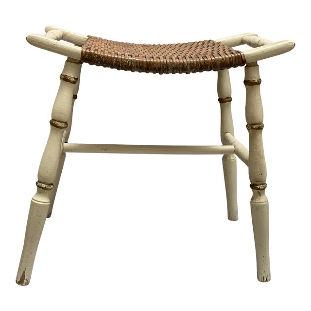 Midcentury Hitchcock Style Petite Wood Wicker Bench For Sale