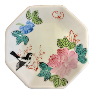 Vintage f.s. Louie Berkeley Hand Painted Floral Bird Octagonal Trinket Dish