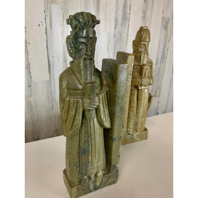 Light Green Pair of Carved Soapstone Scholar- Warrior Bookends For Sale - Image 8 of 9