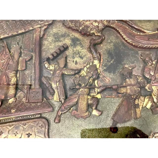 Chinese Late 19th Century Antique Chinese Carved Gilt Wood Warriors Wall Panel or Fragment, Framed For Sale - Image 3 of 8