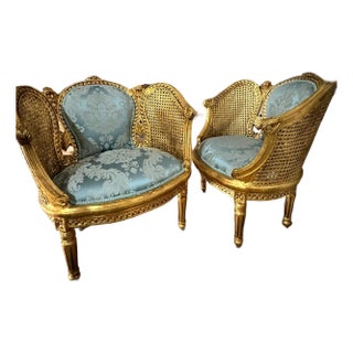 Louis XV Style Bergere Wing Chair Set With Gold Leaf Details For Sale