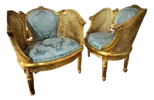 Louis XV Style Bergere Wing Chair Set With Gold Leaf Details