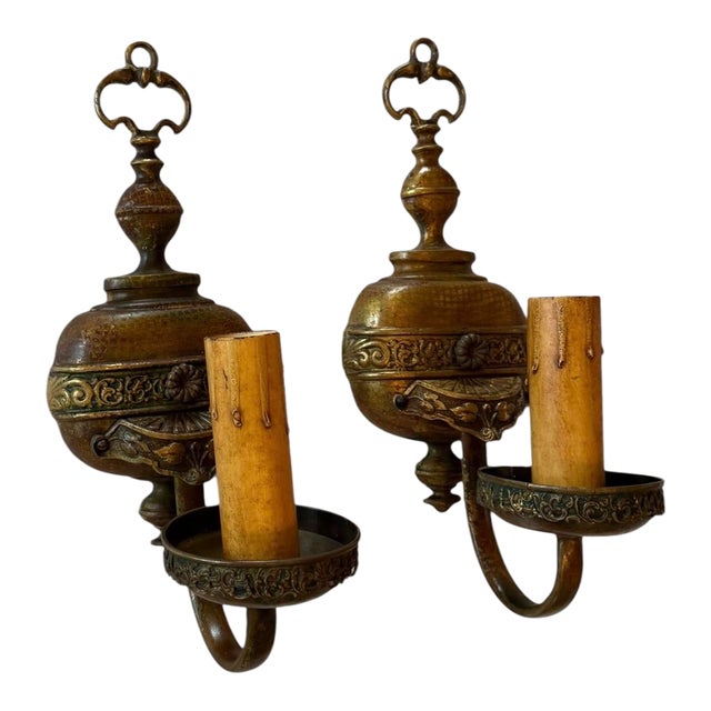 1920s Rare Pair of Spanish Revival Wall Sconces With Original Painted Patina For Sale