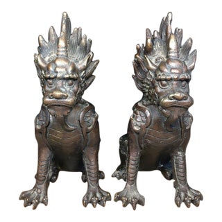 Pair of Vintage Bronze Xiezhi Mythical Guardian Beast Statues For Sale