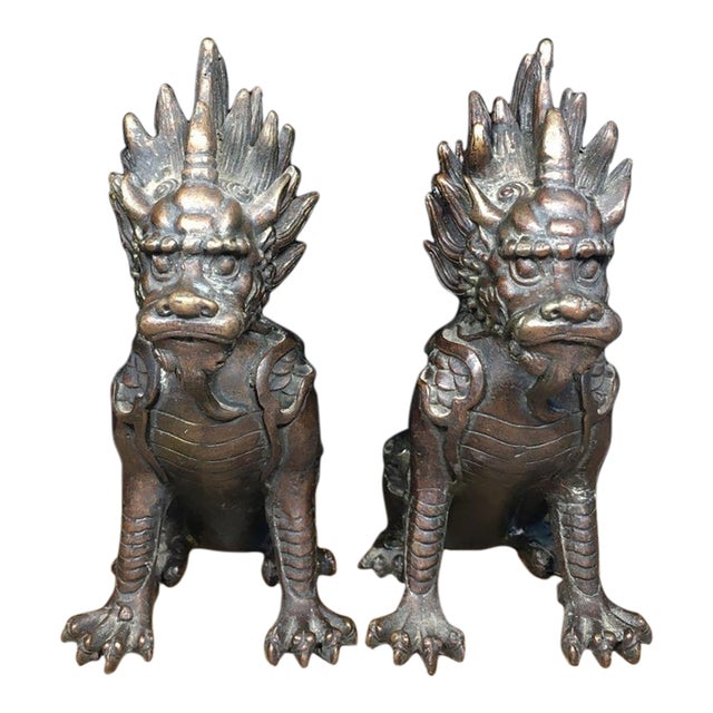 Pair of Vintage Bronze Xiezhi Mythical Guardian Beast Statues For Sale