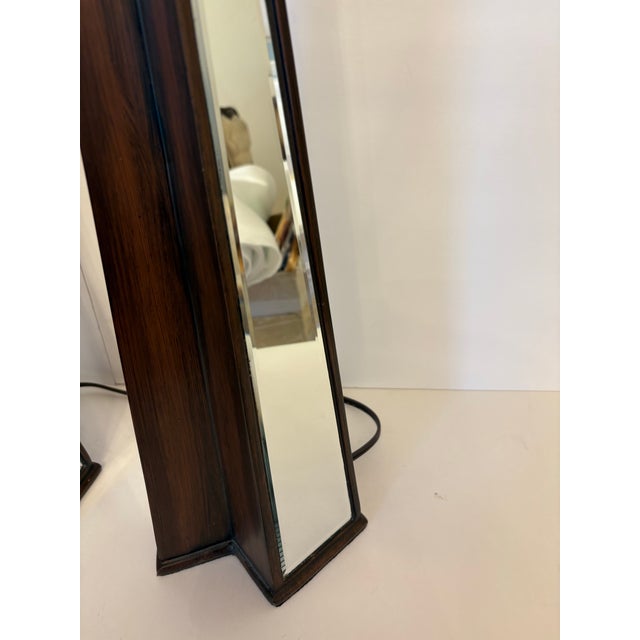 1970s Hollywood Regency Pyramidal Design Mirrored Glass Paneled Table Lamps-a Pair For Sale - Image 4 of 4