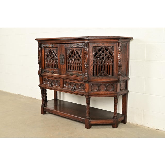 Gothic Antique French Gothic Revival Oak Bar Cabinet With Carved Figures, Circa 1890s For Sale - Image 3 of 15