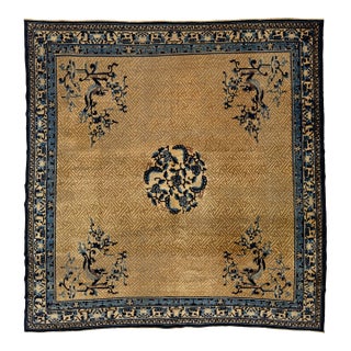Antique Chinese Imperial-Style Dragon & Fretwork Wool Rug With Indigo Accents For Sale