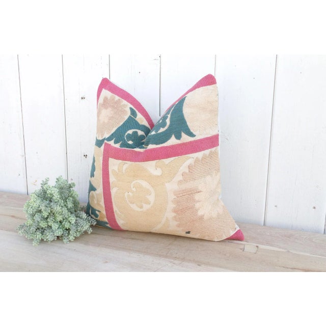 Peach Rose Vintage Suzani Pillow For Sale - Image 4 of 10