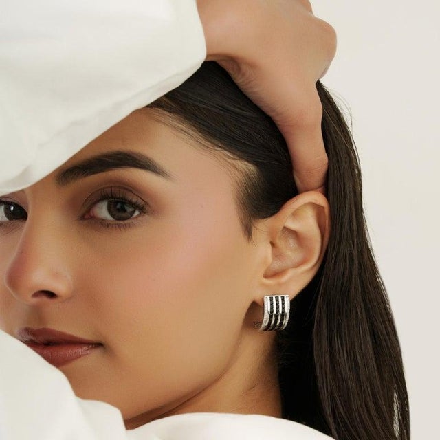 Black Sterling Silver Black Onyx & Zircon Wide Bar Half Hoop Earrings for Her, A Pair For Sale - Image 8 of 12