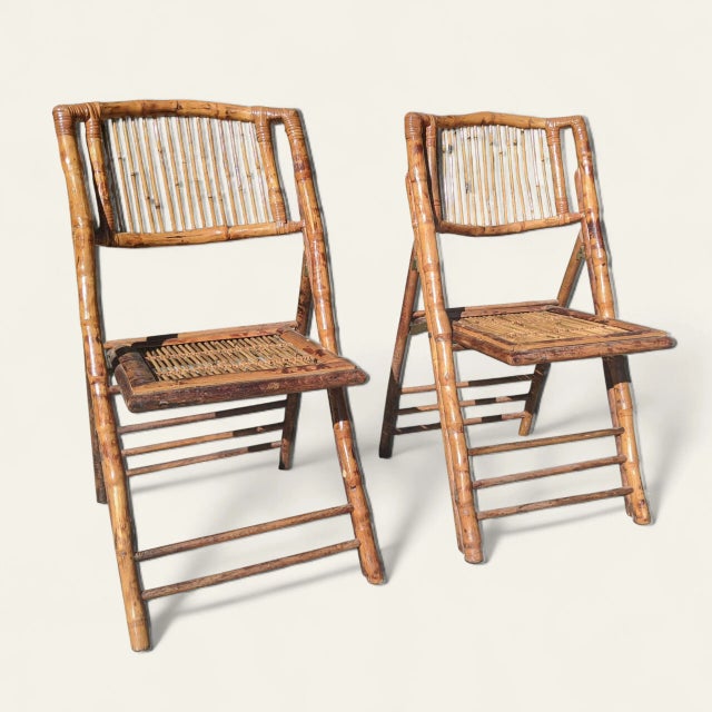 Vintage Coastal Burnt Bamboo Folding Chairs- A Pair For Sale - Image 9 of 13