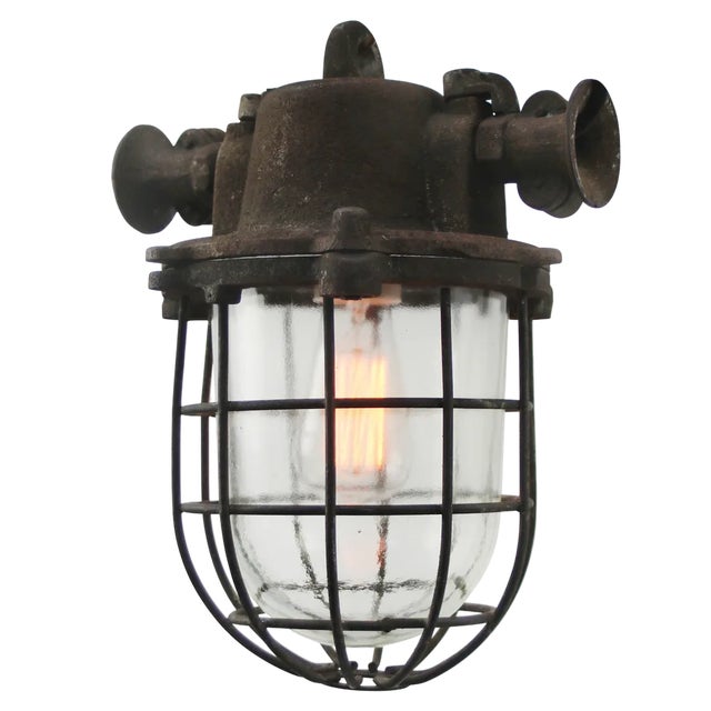 Vintage Industrial Clear Glass & Iron Pendant Lamp For Sale