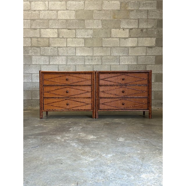 Vintage British colonial style chests in bamboo and rattan. Three spacious drawers clad in rattan with a bamboo skeleton....
