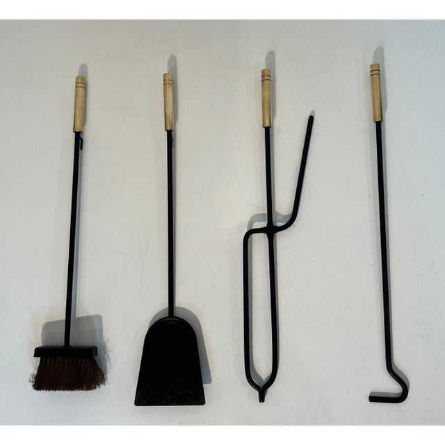 Circa 1970s Fireplace Tools on Stand in Black Lacquered Metal and Brass Design/one For Sale - Image 12 of 12