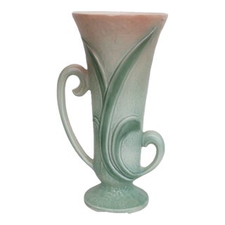 Mid Century McCoy Style Green Leaves Double Handles Tall Vase 4480b For Sale