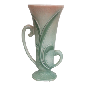 Mid Century McCoy Style Green Leaves Double Handles Tall Vase 4480b