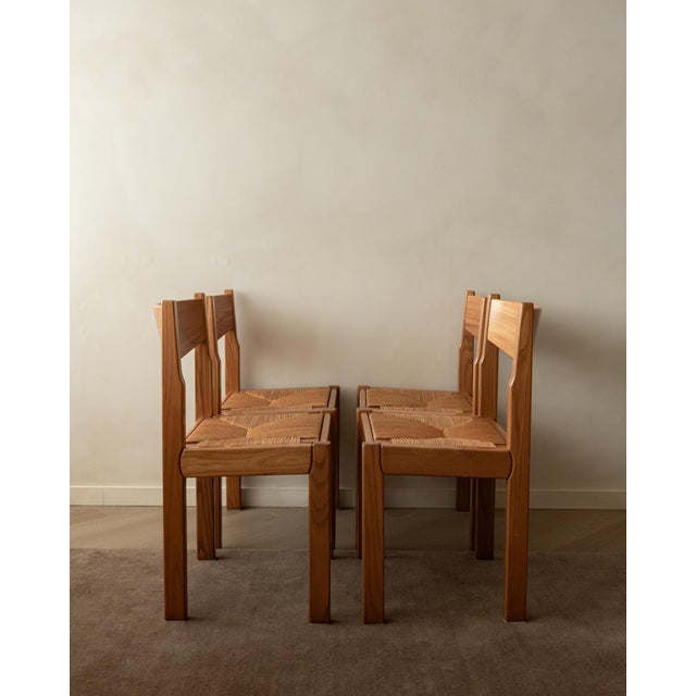 Mid-Century Modern Mid-Century Elm and Rush Dining Chairs by Maison Regain, 1970s, Set of 4 For Sale - Image 3 of 17
