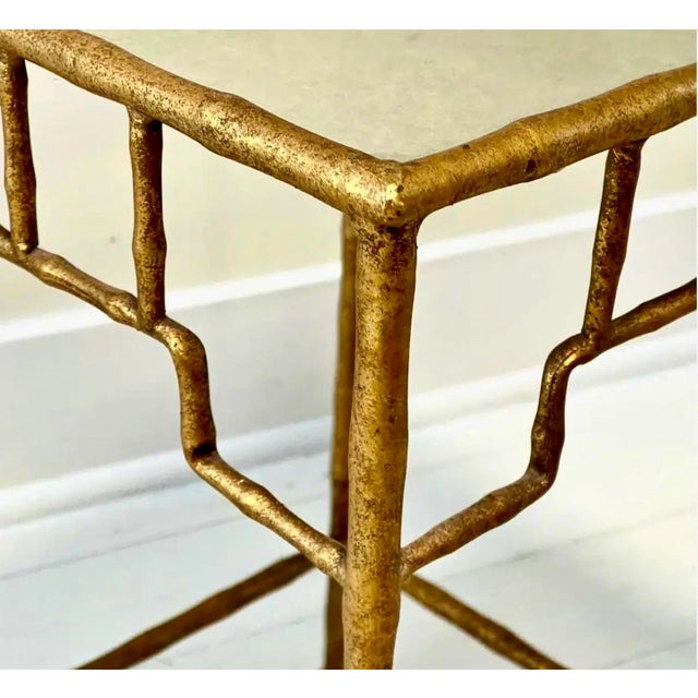 Gold Gilt Metal Fretwork Nesting Tables With Eglomisé Glass Tops, Set of Three For Sale - Image 8 of 11