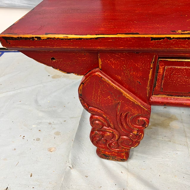 Red Lacquer Chinoiserie Bench W/ Storage Drawers For Sale - Image 6 of 8