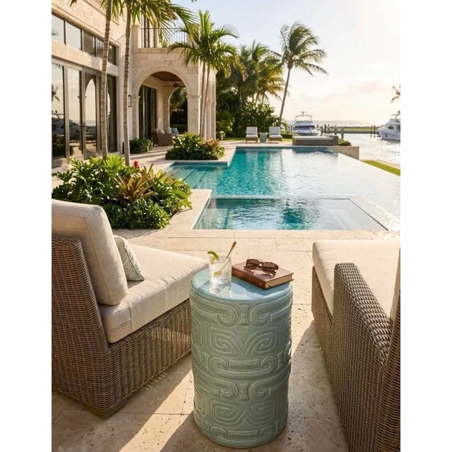 Vintage Italian Turquoise Ceramic Cylindrical Accent Stool or Side Table For Sale In West Palm - Image 6 of 11