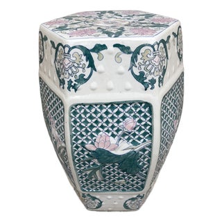 Late 20th Century Chinoiserie Floral Green and Pink Porcelain Garden Stool or Side Table For Sale