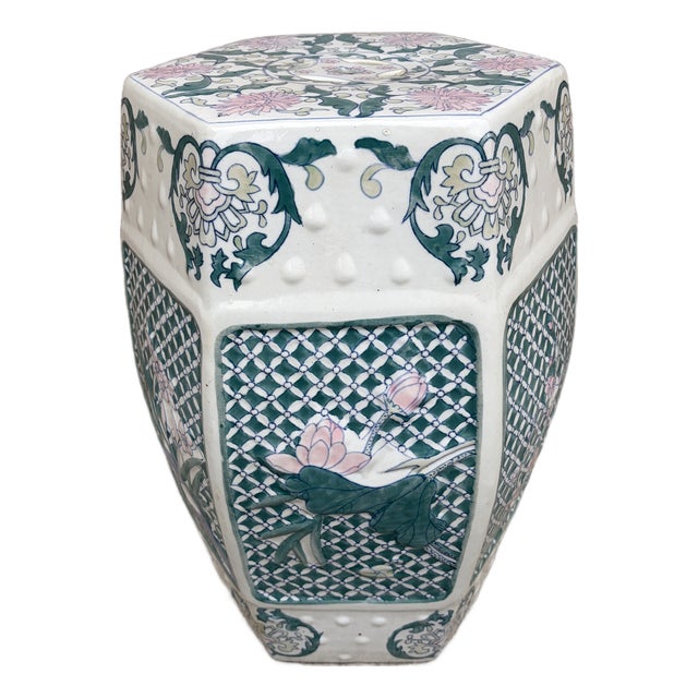 Late 20th Century Chinoiserie Floral Green and Pink Porcelain Garden Stool or Side Table For Sale