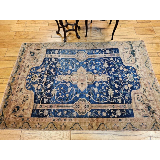 Early 20th Century Vintage Turkish Oushak Area Rug, Wool Pile, Royal Blue & Tan, 1900s, 5' x 7' For Sale - Image 5 of 15